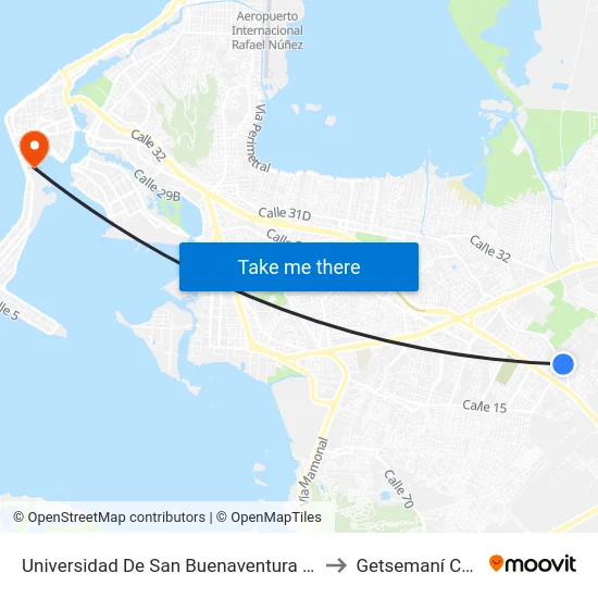 Universidad De San Buenaventura (Dg 32 - Kr 83b) to Getsemaní Colombia map