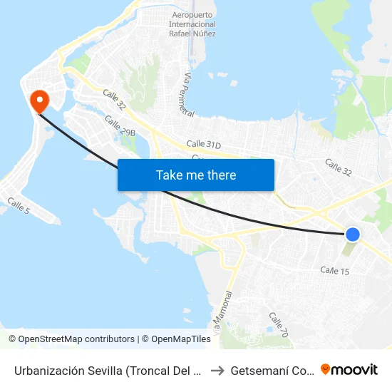 Urbanización Sevilla (Troncal Del Caribe - Kr 78) to Getsemaní Colombia map