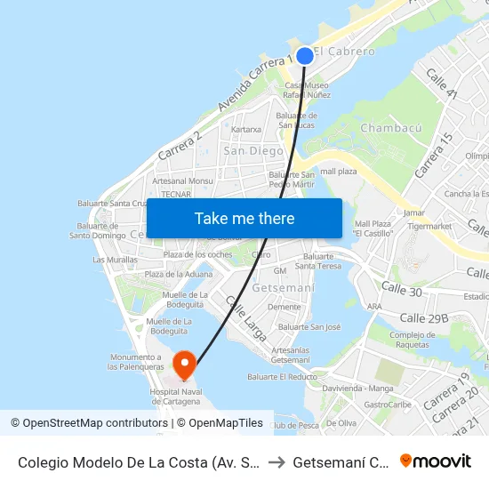 Colegio Modelo De La Costa (Av. Santander - Cl 42) to Getsemaní Colombia map