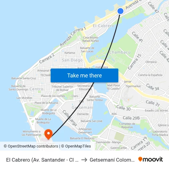 El Cabrero (Av. Santander - Cl 44) to Getsemaní Colombia map