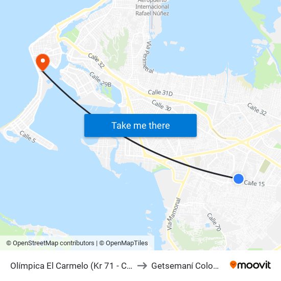 Olímpica El Carmelo (Kr 71 - Cl 19) to Getsemaní Colombia map