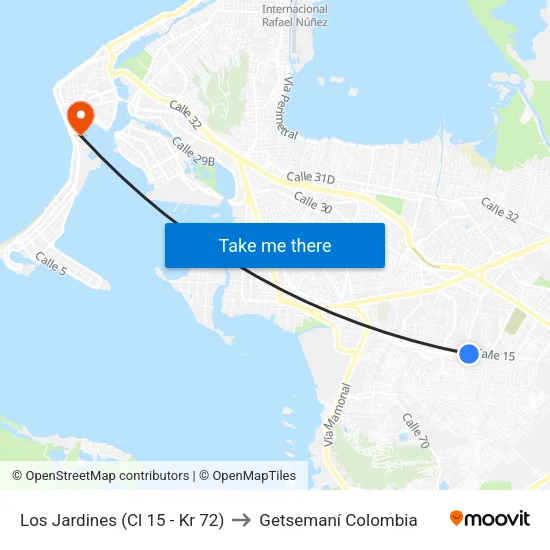Los Jardines (Cl 15 - Kr 72) to Getsemaní Colombia map