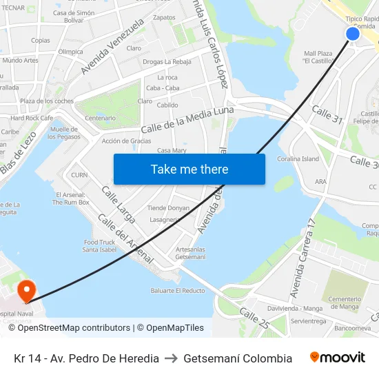 Kr 14 - Av. Pedro De Heredia to Getsemaní Colombia map