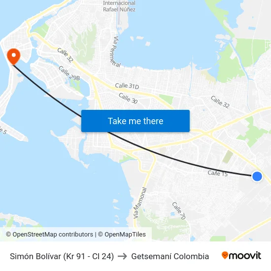 Simón Bolívar (Kr 91 - Cl 24) to Getsemaní Colombia map