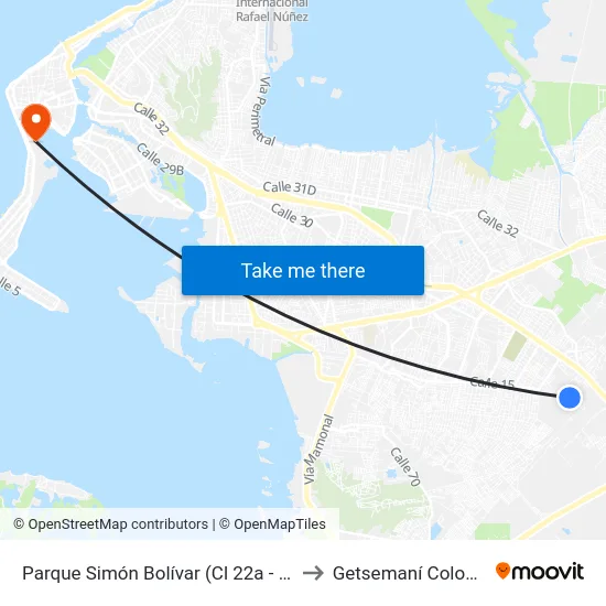 Parque Simón Bolívar (Cl 22a - Kr 91) to Getsemaní Colombia map