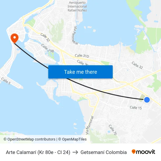 Arte Calamarí (Kr 80e - Cl 24) to Getsemaní Colombia map