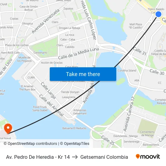 Av. Pedro De Heredia - Kr 14 to Getsemaní Colombia map