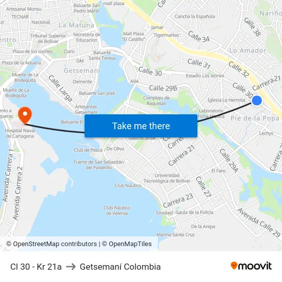 Cl 30 - Kr 21a to Getsemaní Colombia map
