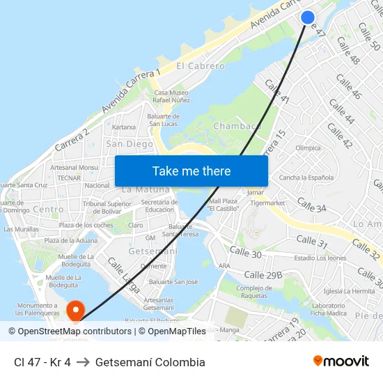 Cl 47 - Kr 4 to Getsemaní Colombia map