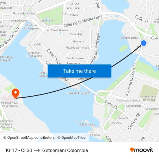 Kr 17 - Cl 30 to Getsemaní Colombia map