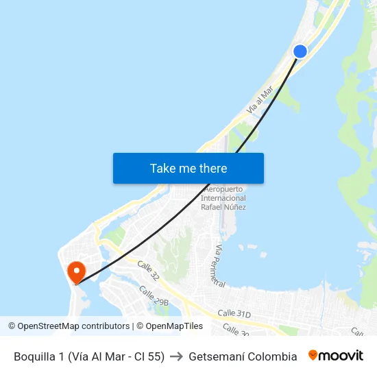 Boquilla 1 (Vía Al Mar - Cl 55) to Getsemaní Colombia map