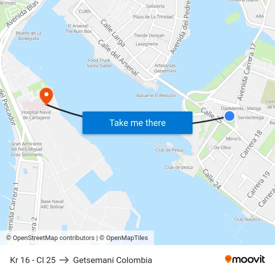 Kr 16 - Cl 25 to Getsemaní Colombia map