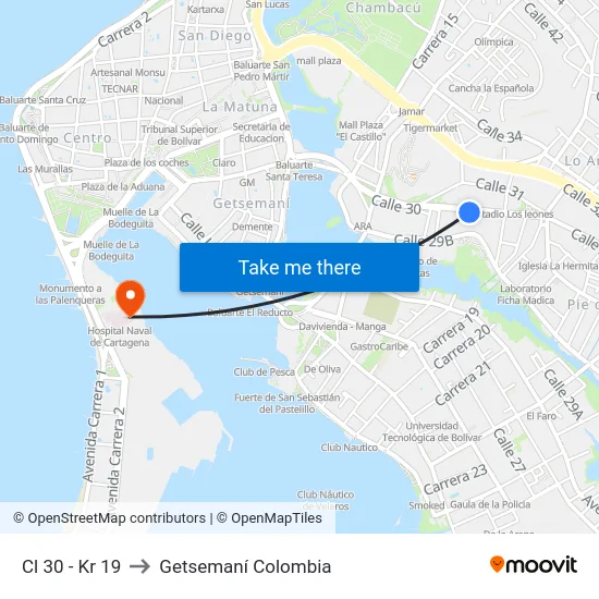 Cl 30 - Kr 19 to Getsemaní Colombia map