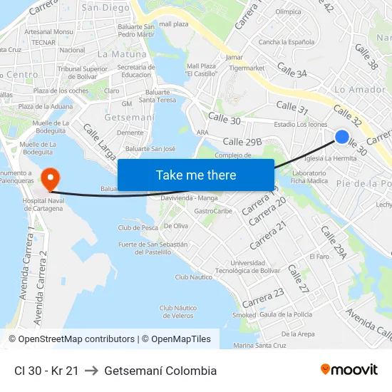 Cl 30 - Kr 21 to Getsemaní Colombia map