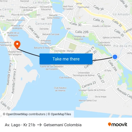 Av. Lago - Kr 21b to Getsemaní Colombia map