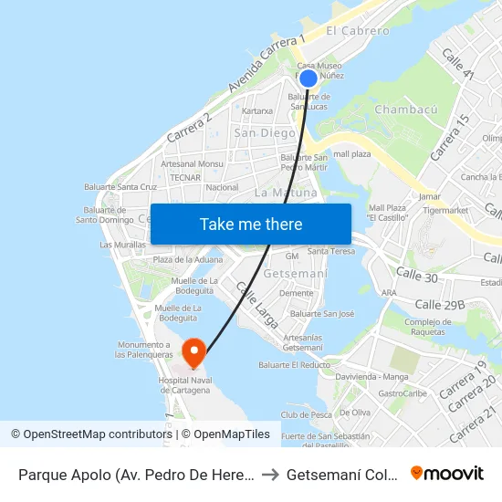 Parque Apolo (Av. Pedro De Heredia - Kr 2) to Getsemaní Colombia map