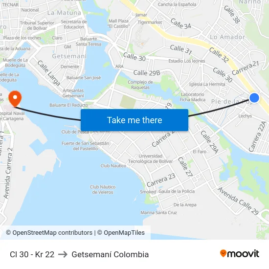 Cl 30 - Kr 22 to Getsemaní Colombia map