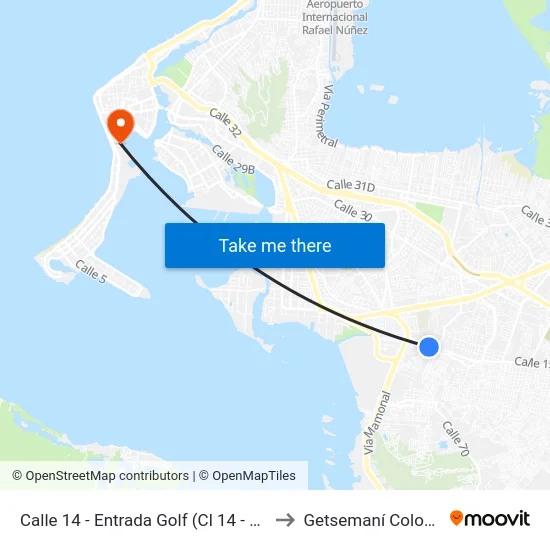 Calle 14 - Entrada Golf (Cl 14 - Kr 57c) to Getsemaní Colombia map