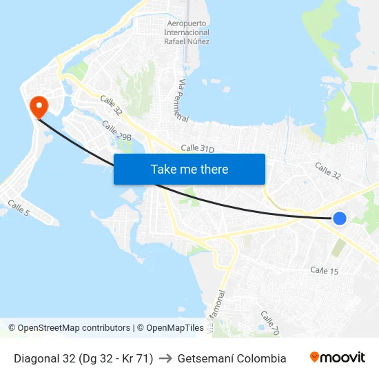Diagonal 32 (Dg 32 - Kr 71) to Getsemaní Colombia map