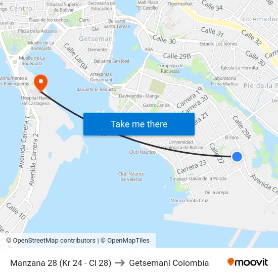 Manzana 28 (Kr 24 - Cl 28) to Getsemaní Colombia map