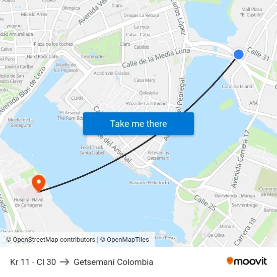Kr 11 - Cl 30 to Getsemaní Colombia map