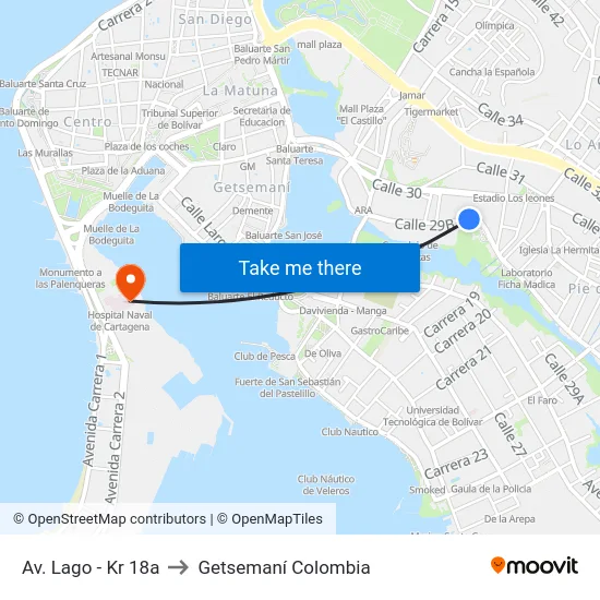 Av. Lago - Kr 18a to Getsemaní Colombia map