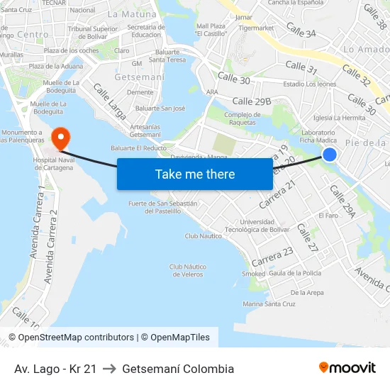 Av. Lago - Kr 21 to Getsemaní Colombia map