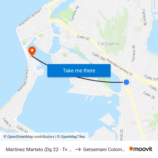 Martínez Martelo (Dg 22 - Tv 30) to Getsemaní Colombia map