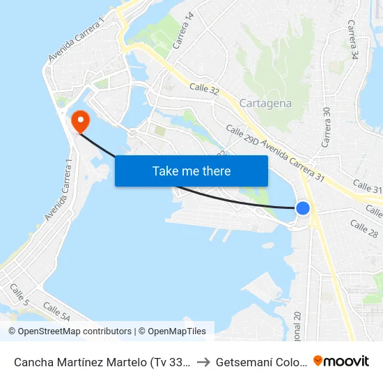 Cancha Martínez Martelo (Tv 33 - Dg 20) to Getsemaní Colombia map