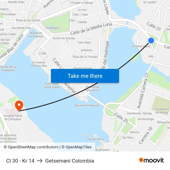 Cl 30 - Kr 14 to Getsemaní Colombia map