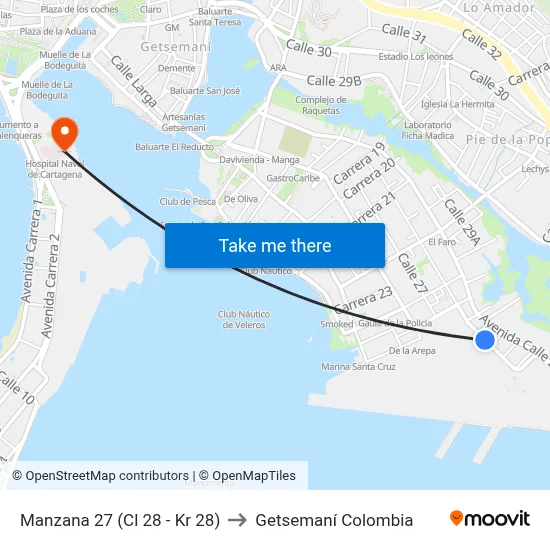 Manzana 27 (Cl 28 - Kr 28) to Getsemaní Colombia map