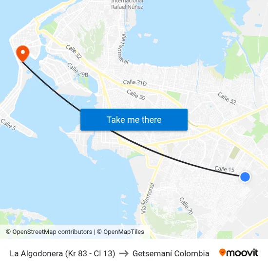 La Algodonera (Kr 83 - Cl 13) to Getsemaní Colombia map