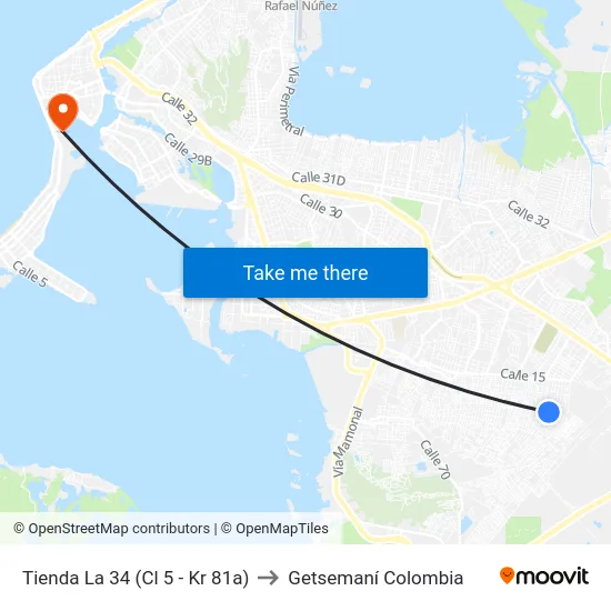 Tienda La 34 (Cl 5 - Kr 81a) to Getsemaní Colombia map