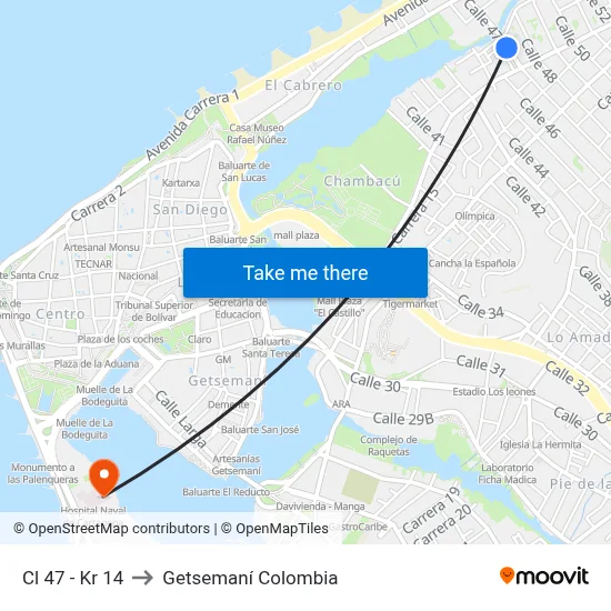 Cl 47 - Kr 14 to Getsemaní Colombia map