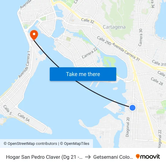 Hogar San Pedro Claver (Dg 21 - Tv 47a) to Getsemaní Colombia map
