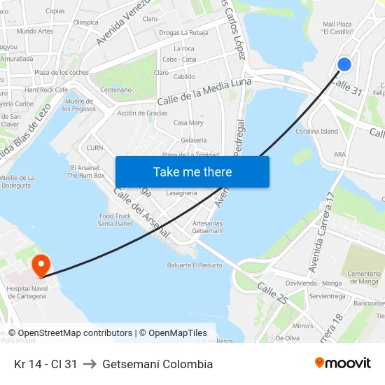 Kr 14 - Cl 31 to Getsemaní Colombia map