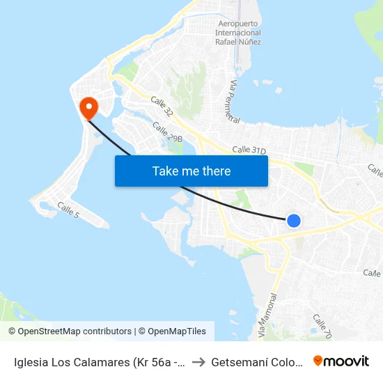 Iglesia Los Calamares (Kr 56a - Cl 22) to Getsemaní Colombia map