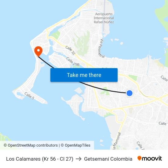 Los Calamares (Kr 56 - Cl 27) to Getsemaní Colombia map