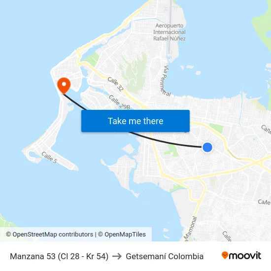 Manzana 53 (Cl 28 - Kr 54) to Getsemaní Colombia map
