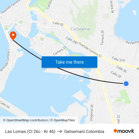 Las Lomas (Cl 26c - Kr 46) to Getsemaní Colombia map