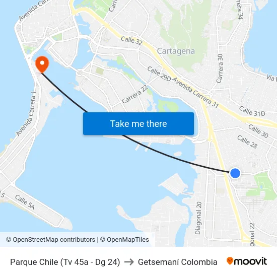 Parque Chile (Tv 45a - Dg 24) to Getsemaní Colombia map