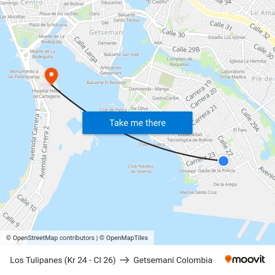 Los Tulipanes (Kr 24 - Cl 26) to Getsemaní Colombia map
