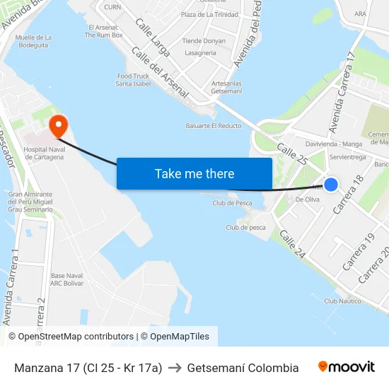 Manzana 17 (Cl 25 - Kr 17a) to Getsemaní Colombia map