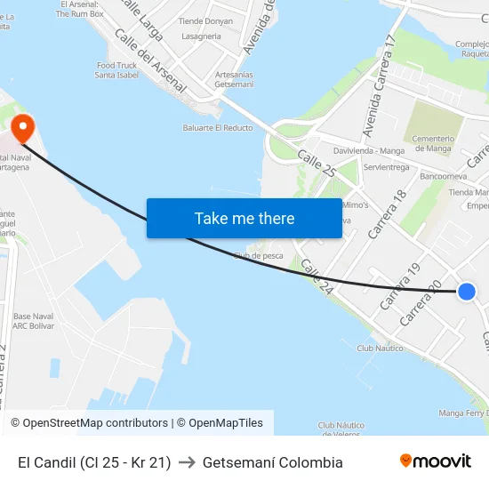 El Candil (Cl 25 - Kr 21) to Getsemaní Colombia map