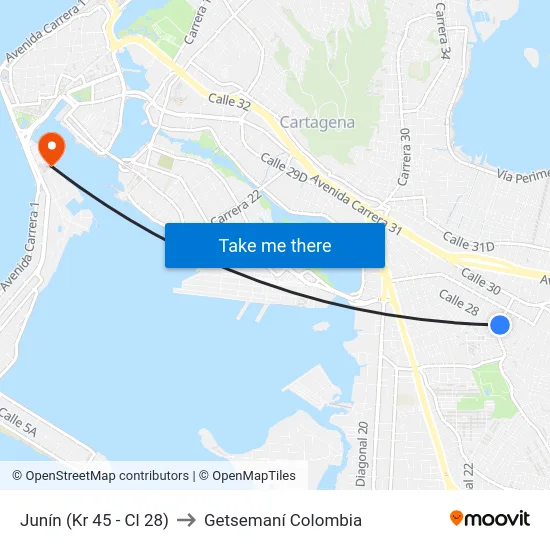 Junín (Kr 45 - Cl 28) to Getsemaní Colombia map