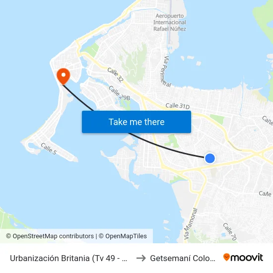 Urbanización Britania (Tv 49 - Kr 56a) to Getsemaní Colombia map