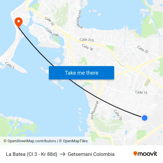 La Batea (Cl 3 - Kr 88d) to Getsemaní Colombia map