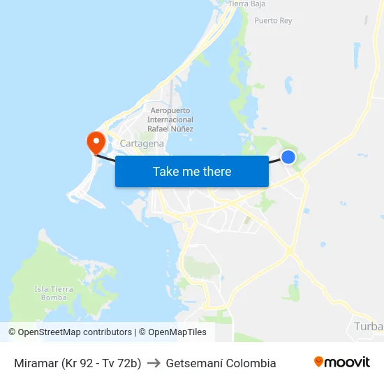Miramar (Kr 92 - Tv 72b) to Getsemaní Colombia map
