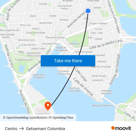 Centro to Getsemaní Colombia map