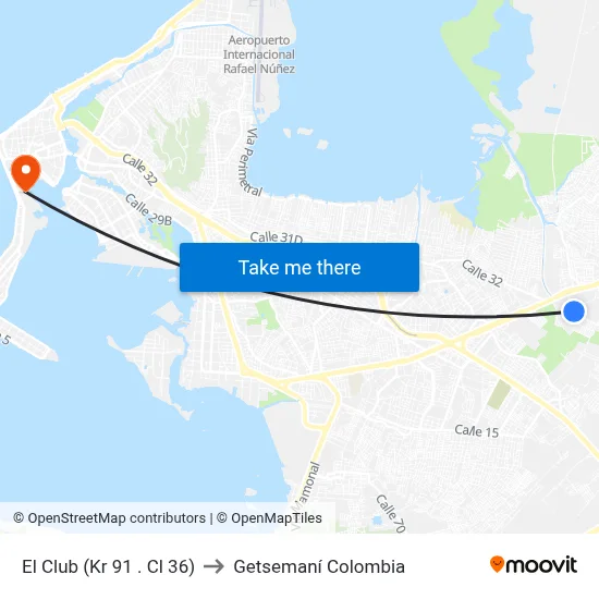El Club (Kr 91 . Cl 36) to Getsemaní Colombia map